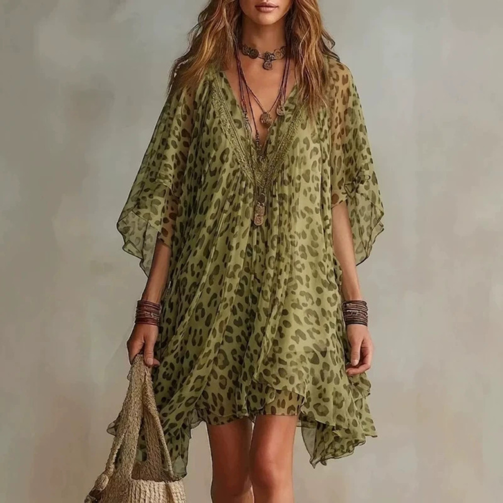 H&M Summer Collared Chiffon Dress Beach Vacation Loose Leopard Print Cover Up